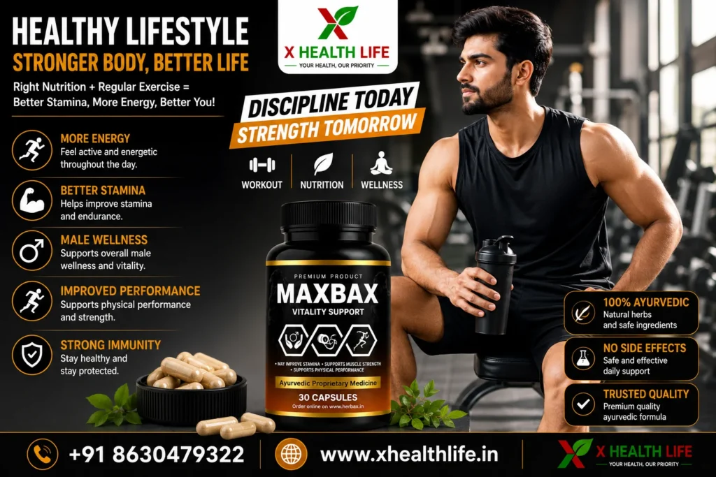 Maxbax 30 Capsule healthy lifestyle banner featuring the original product packaging with fitness, balanced nutrition, and men's wellness.