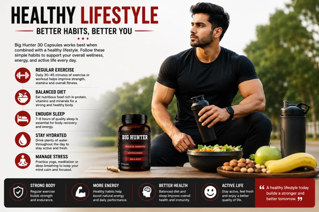 Big Hunter 30 Capsules healthy lifestyle infographic showing exercise, balanced diet, hydration, quality sleep, stress management, and daily wellness habits.