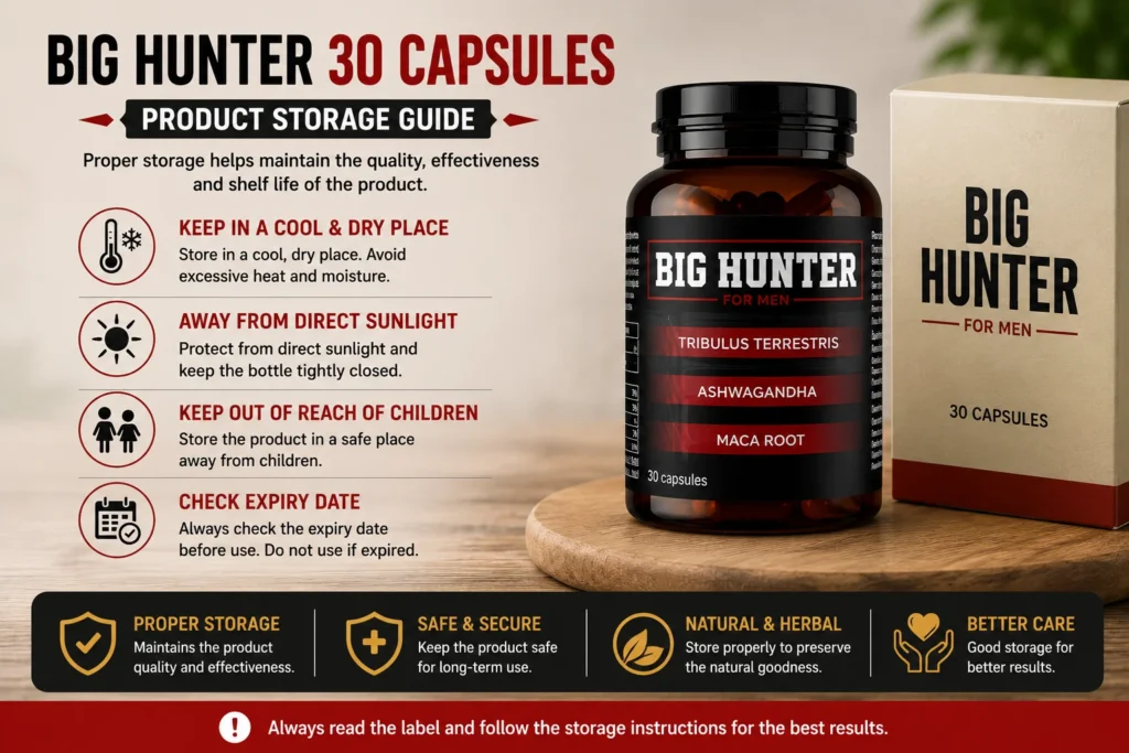 Big Hunter 30 Capsules product storage guide showing proper storage instructions including cool and dry place, protection from sunlight, child safety, and expiry date check.
