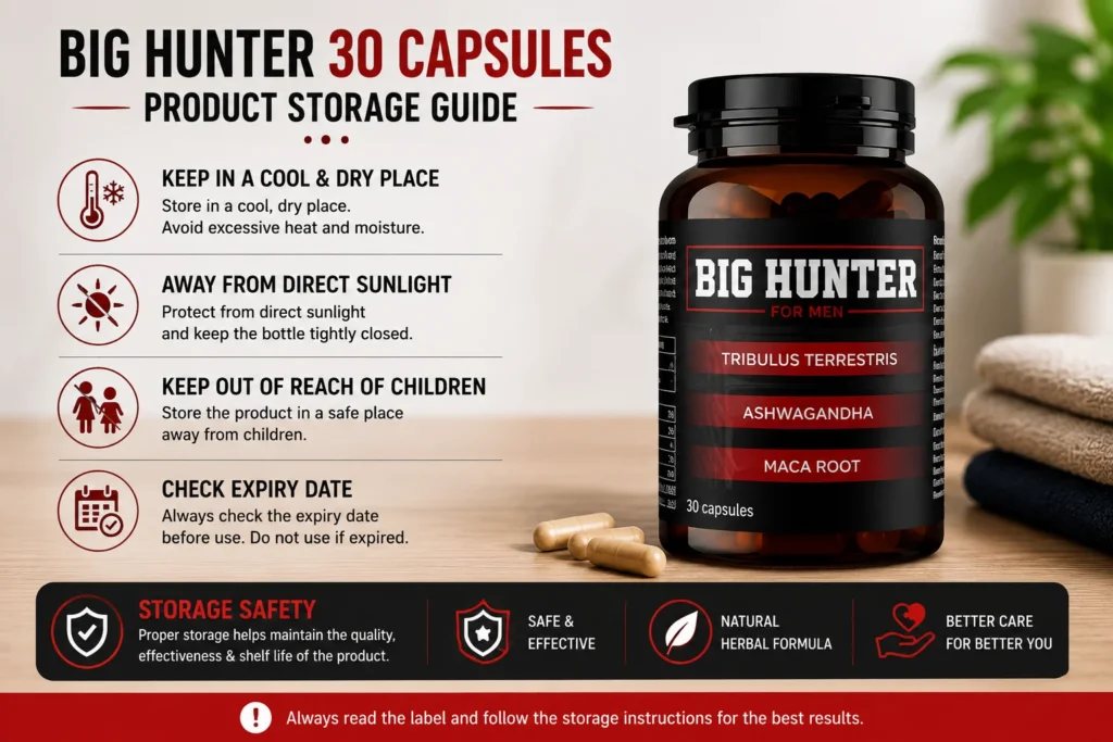 Big Hunter 30 Capsules storage guide with instructions for proper storage, including cool and dry place, protection from sunlight, child safety, and expiry date check.