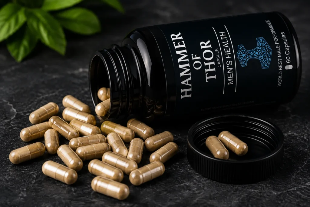 Hammer of Thor 60 Capsules open bottle with herbal capsules spilled on a dark surface, showing the original product packaging for men's herbal wellness.