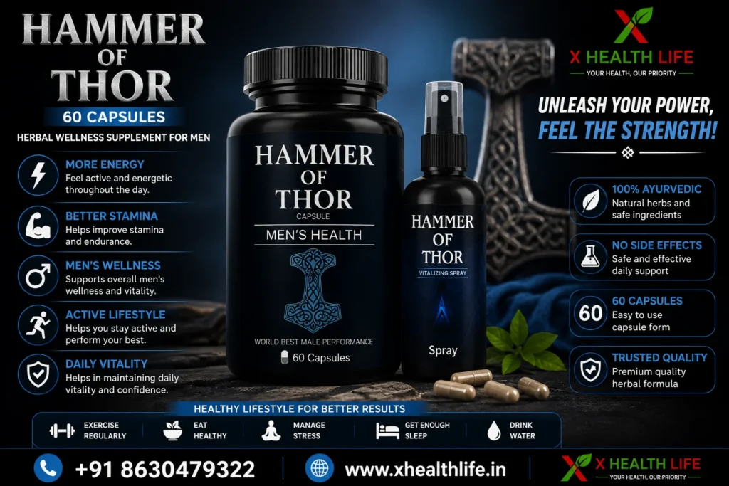 Hammer of Thor 60 Capsules with Spray banner featuring the original herbal wellness product packaging for men with a healthy lifestyle theme.