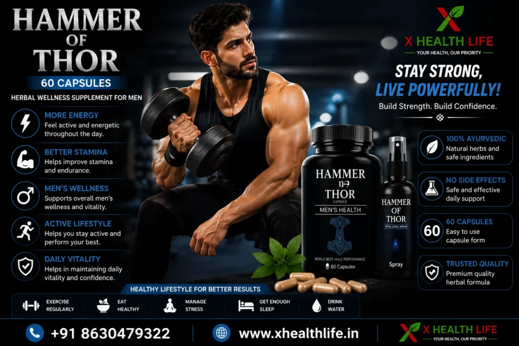 Hammer of Thor 60 Capsules with Spray gym banner featuring the original herbal wellness product, fitness model, dumbbell workout, and healthy lifestyle.