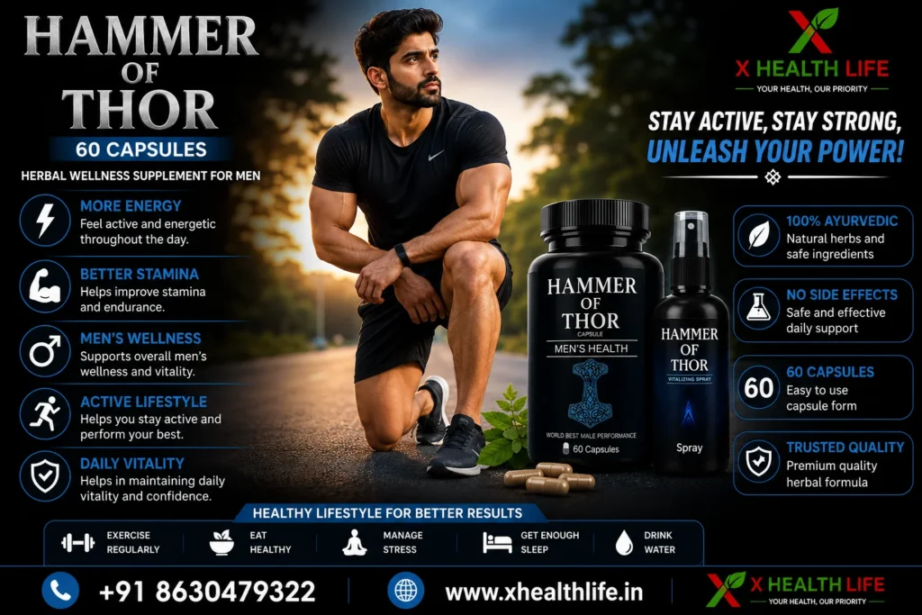 Hammer of Thor 60 Capsules with Spray healthy lifestyle banner featuring the original herbal wellness product, active fitness model, and premium packaging.