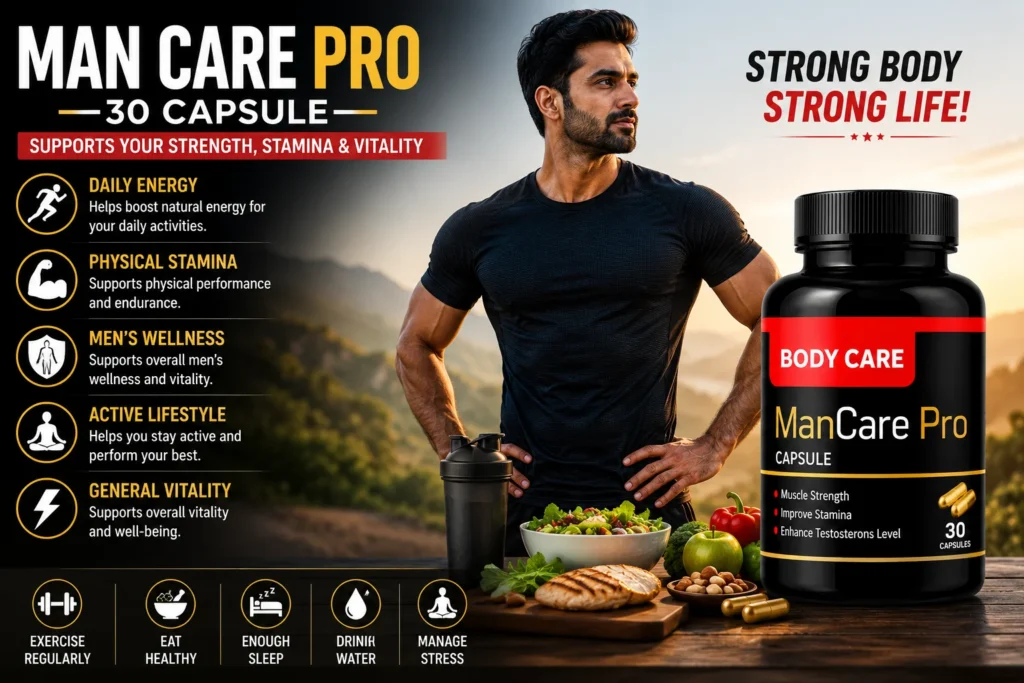 Man Care Pro 30 Capsule with active lifestyle, balanced nutrition, and wellness support infographic for daily vitality.