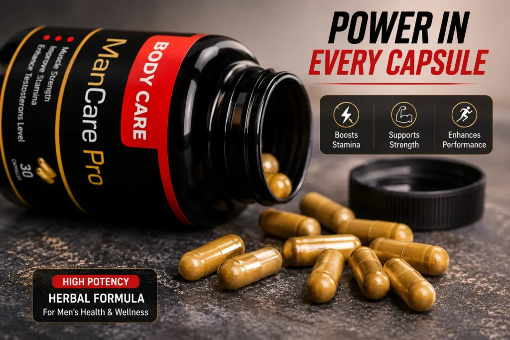 Close-up of Man Care Pro 30 Capsule bottle with herbal capsules, highlighting premium Ayurvedic wellness formula for men's daily vitality.