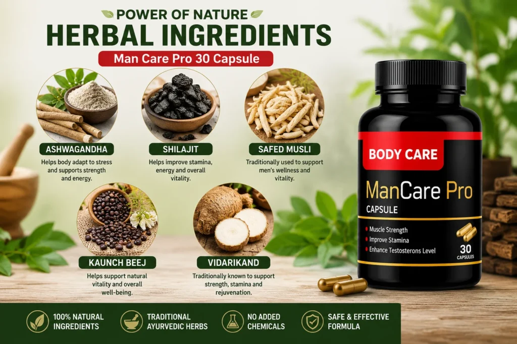 Man Care Pro 30 Capsule with Ayurvedic herbal ingredients including Ashwagandha, Shilajit, Safed Musli, Kaunch Beej, and Vidarikand.