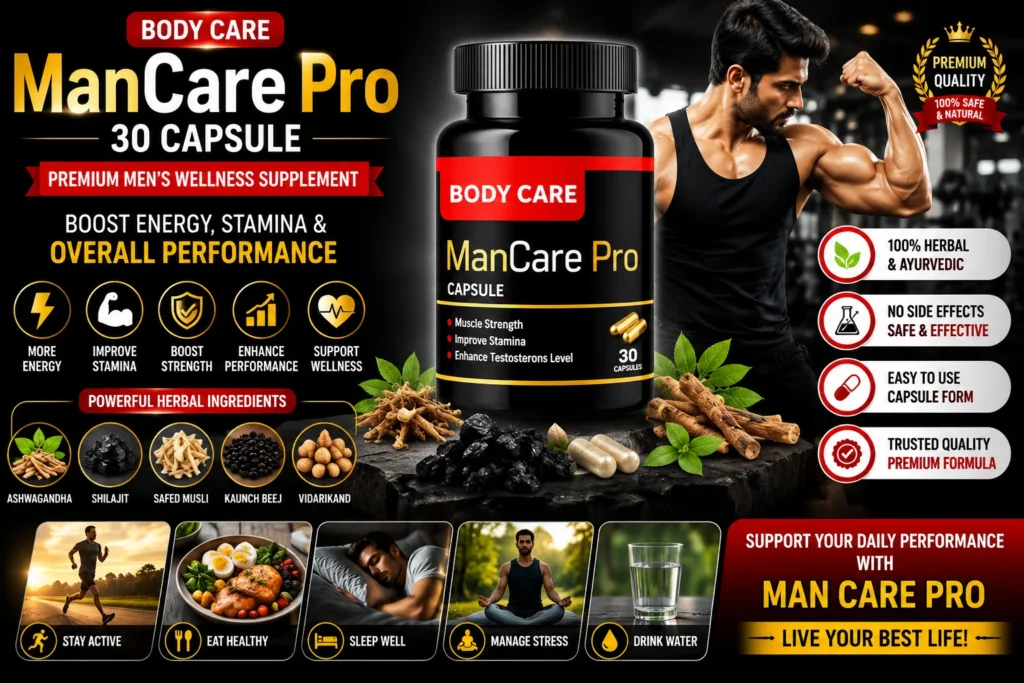 Man Care Pro 30 Capsule premium Ayurvedic men's wellness supplement with herbal ingredients and healthy lifestyle infographic.