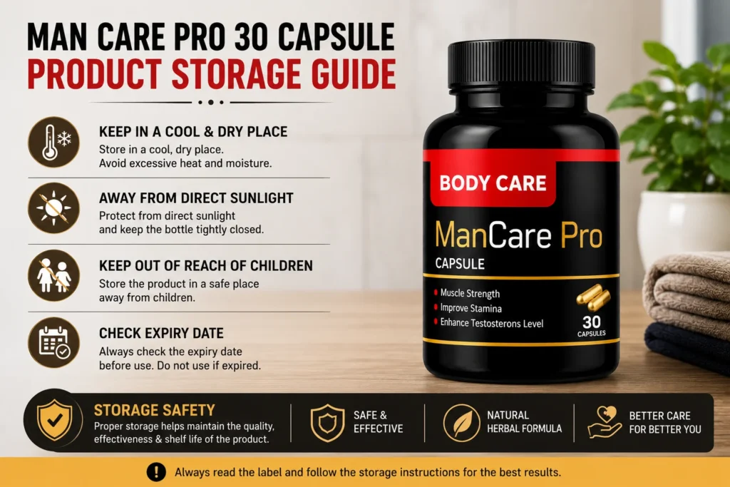 Man Care Pro 30 Capsule storage guide showing proper storage instructions, including keeping the bottle in a cool, dry place and away from direct sunlight.