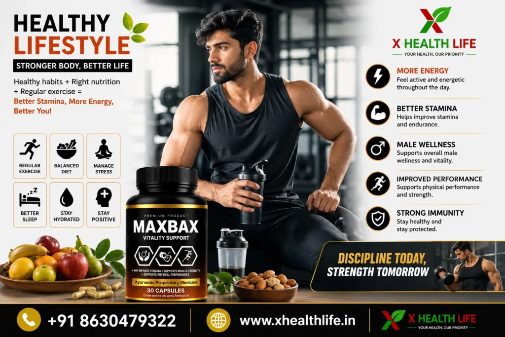 Maxbax 30 Capsule healthy lifestyle promotional banner featuring the original product packaging, fitness, workout, and men's wellness.