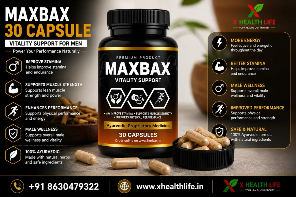 Maxbax 30 Capsule product banner featuring the original Ayurvedic product packaging for men's wellness and vitality support.