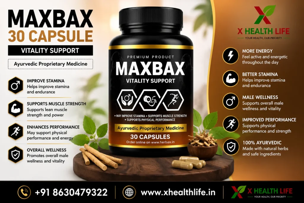 Maxbax 30 Capsule promotional banner featuring the original Ayurvedic product packaging for men's wellness and vitality support.