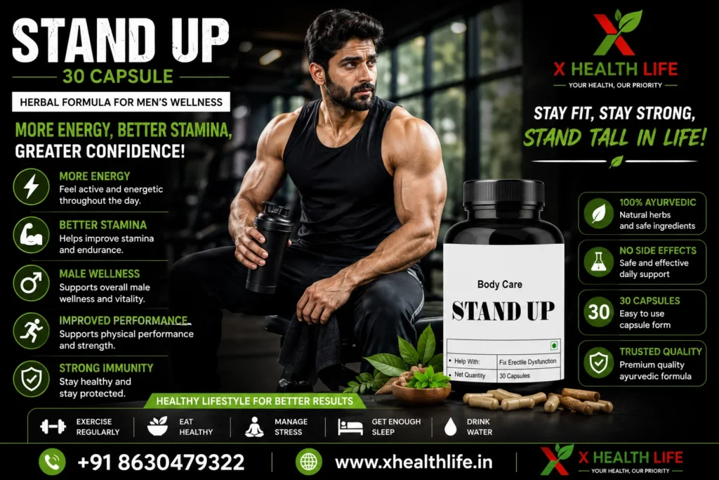 Stand Up 30 Capsule fitness lifestyle banner featuring the original Ayurvedic product packaging with workout and men's wellness.
