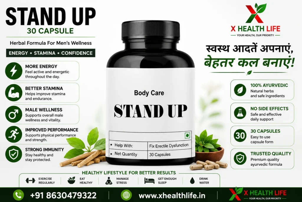 Stand Up 30 Capsule healthy lifestyle banner featuring the original Ayurvedic product packaging with fitness and men's wellness.