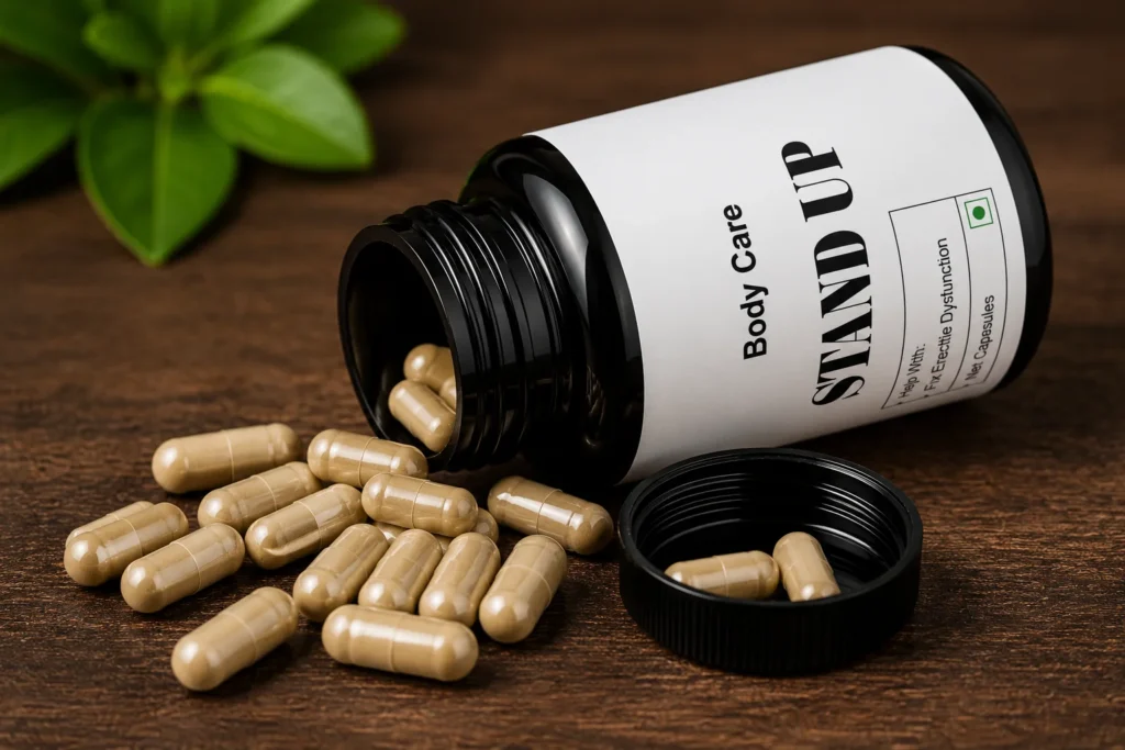 Stand Up 30 Capsule open bottle with herbal capsules for men's wellness.