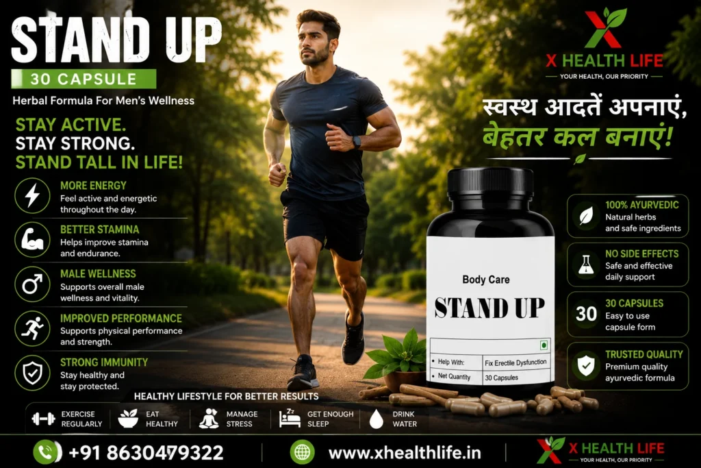 Stand Up 30 Capsule running lifestyle banner featuring the original Ayurvedic product packaging with fitness and men's wellness.