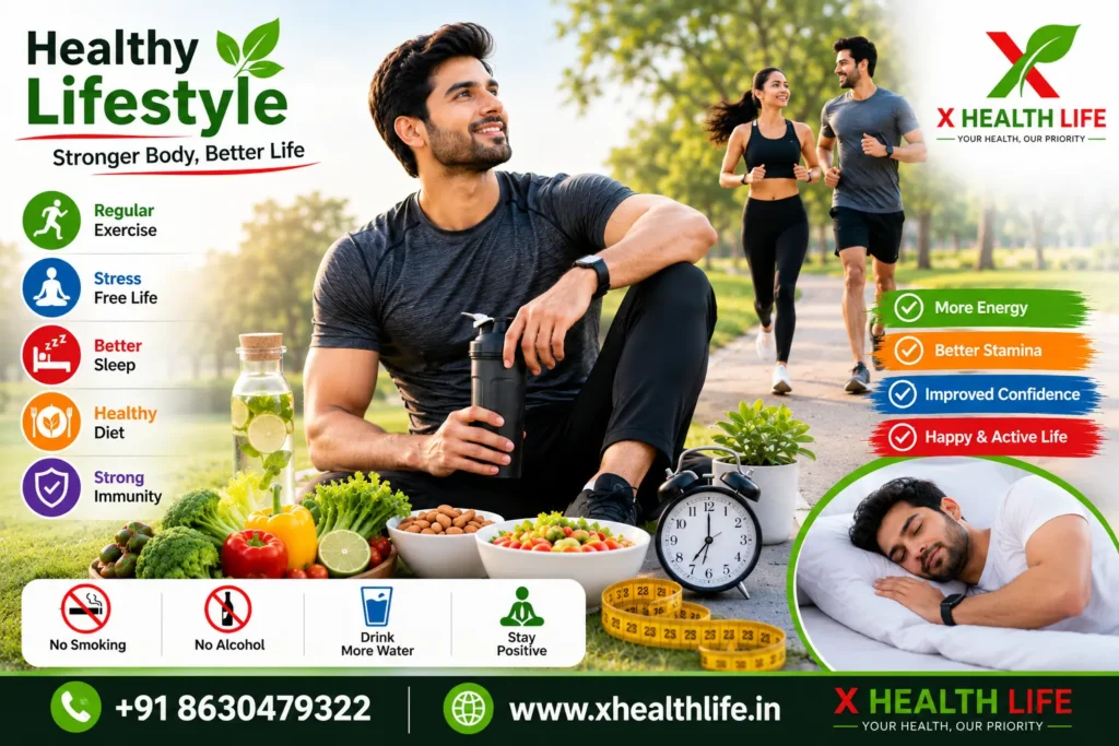 Healthy lifestyle infographic showing exercise, balanced diet, quality sleep, hydration, and stress management for overall men's wellness.