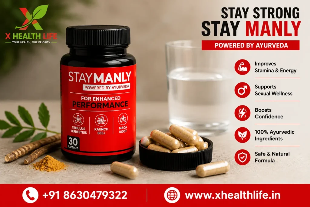 Stay Manly 30 Capsule bottle with herbal capsules and a glass of water.