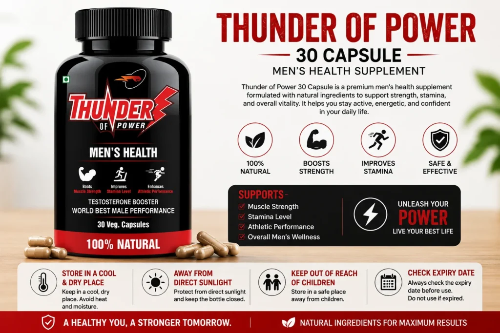 Thunder of Power 30 Capsule men's health supplement bottle with product benefits, natural ingredients, storage instructions, and wellness support infographic.