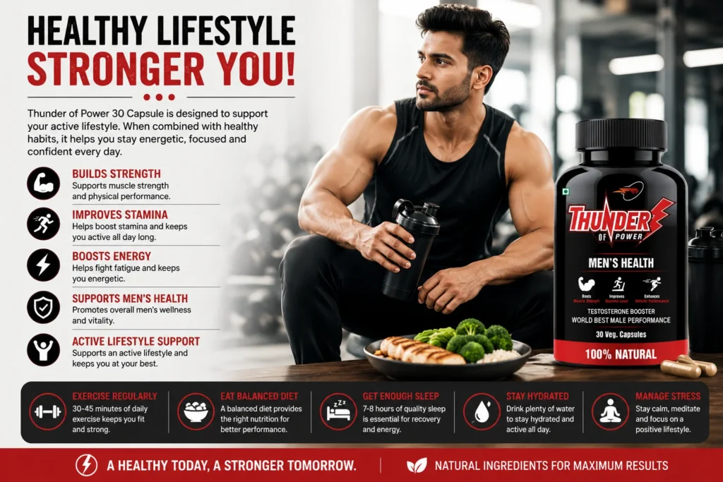 Thunder of Power 30 Capsules healthy lifestyle guide featuring a fitness model, herbal supplement bottle, balanced diet, exercise, hydration, sleep, and wellness tips.