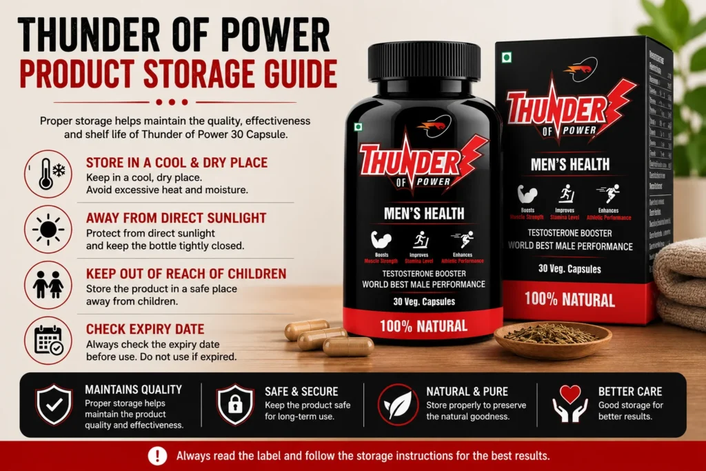 Thunder of Power 30 Capsules product storage guide showing the supplement bottle and box with instructions for proper storage, including cool and dry place, protection from sunlight, child safety, and expiry date check.