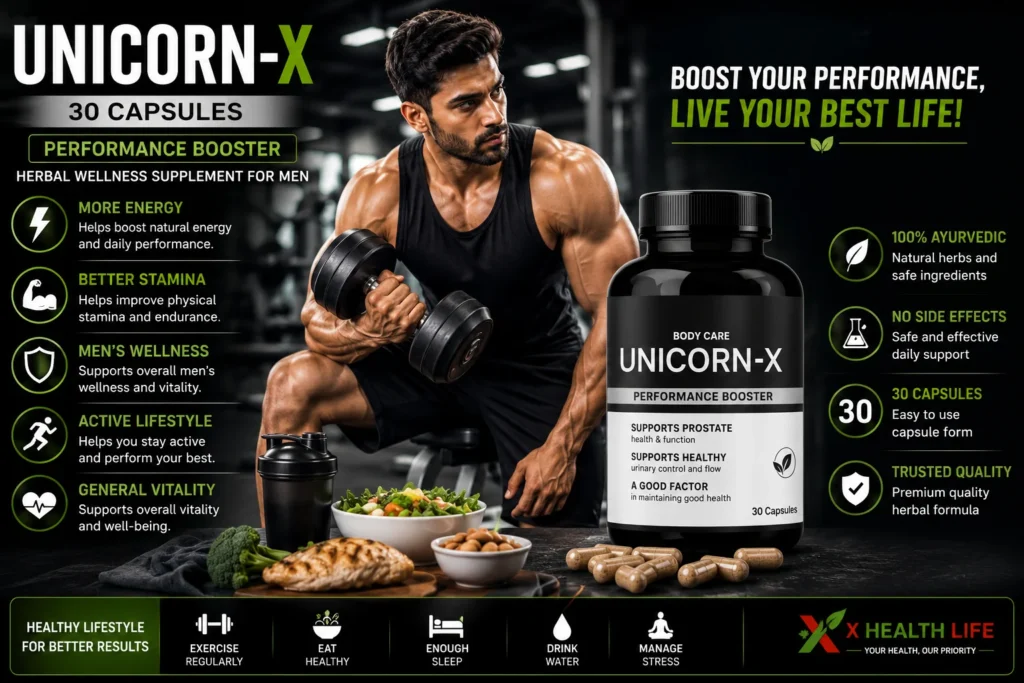 Unicorn-X 30 Capsules gym banner featuring the original herbal wellness product, fitness model, healthy diet, and active lifestyle for men's wellness.