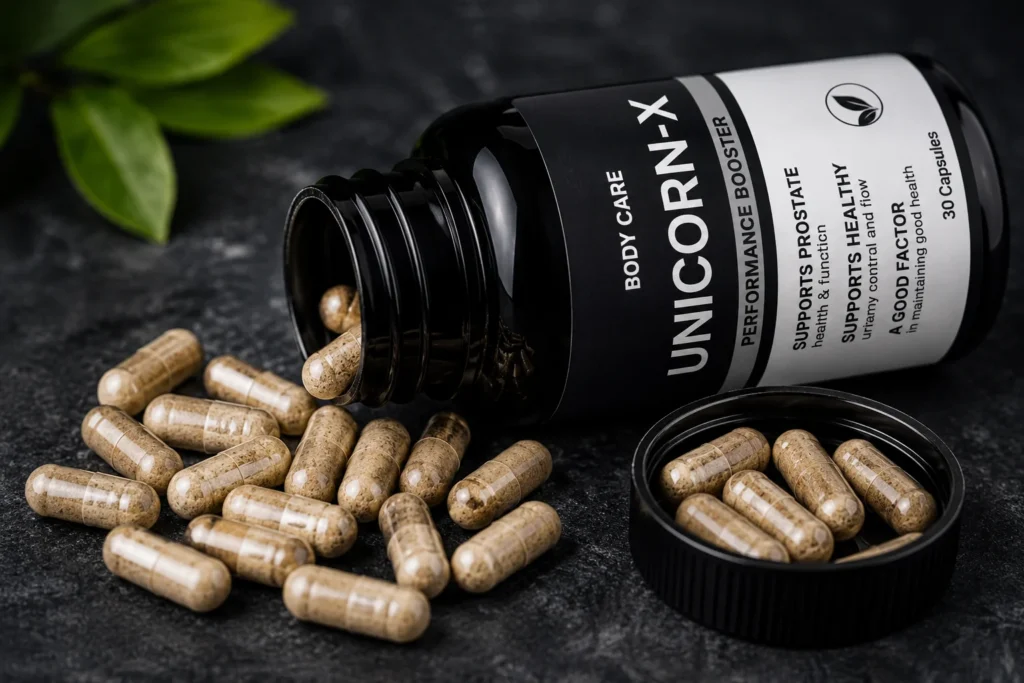 Unicorn-X 30 Capsules open bottle with herbal capsules spilled on a dark surface, showing the original herbal wellness product packaging.