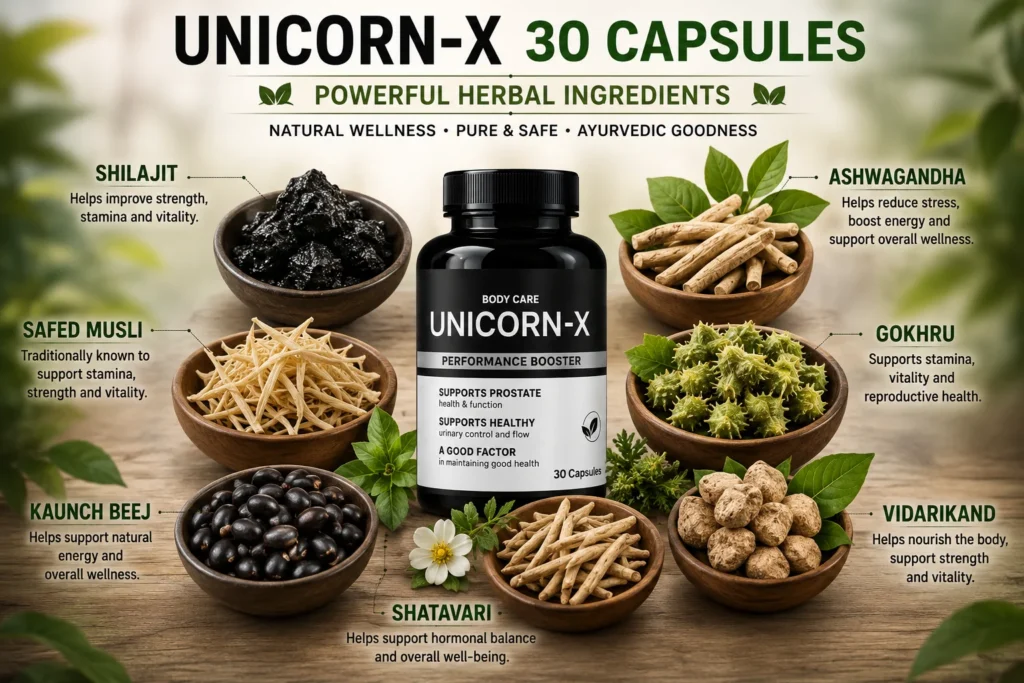 Unicorn-X 30 Capsules storage tips banner featuring the original herbal wellness product with safe storage instructions and product packaging.