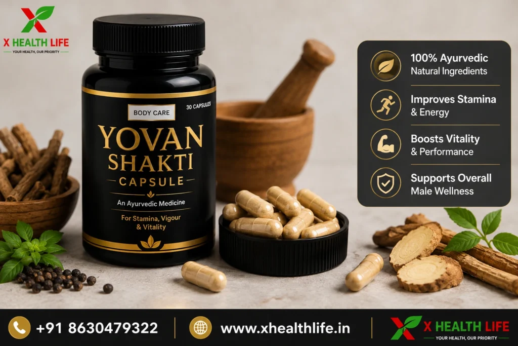 Yovan Shakti 30 Capsule Ayurvedic product banner featuring the original packaging and herbal ingredients for men's wellness.