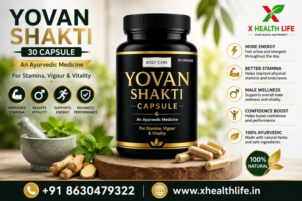 Yovan Shakti 30 Capsule promotional banner featuring the original Ayurvedic product packaging for men's wellness.