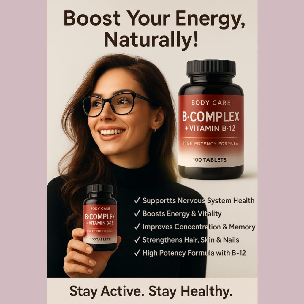 B-Complex + Vitamin B12 Tablets – Boost Energy, Immunity & Vitality | बी-कॉम्प्लेक्स + विटामिन B12 टैबलेट्स – ऊर्जा, रोग प्रतिरोधक क्षमता और वाइटलिटी बढ़ाएँ whatsapp image 2025 10 05 at 1.03.25 pm