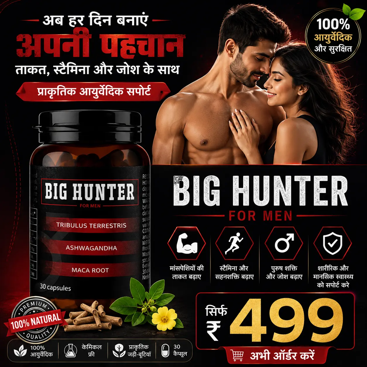 Big Hunter 30 Capsule Ayurvedic Herbal Wellness Supplement for Men